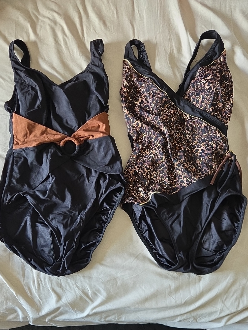 2  Black One-Piece Swimsuits with Rust Accent and Leopard Print